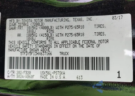 2017 Toyota Tundra Sr5 5.7L V8 from USA, damaged, VIN 5TFDY5F13HX637166